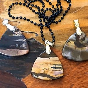 Lovely Trio Of Guitar Pick-Shaped Natural Cabochon Pendants. 1 With Chain.